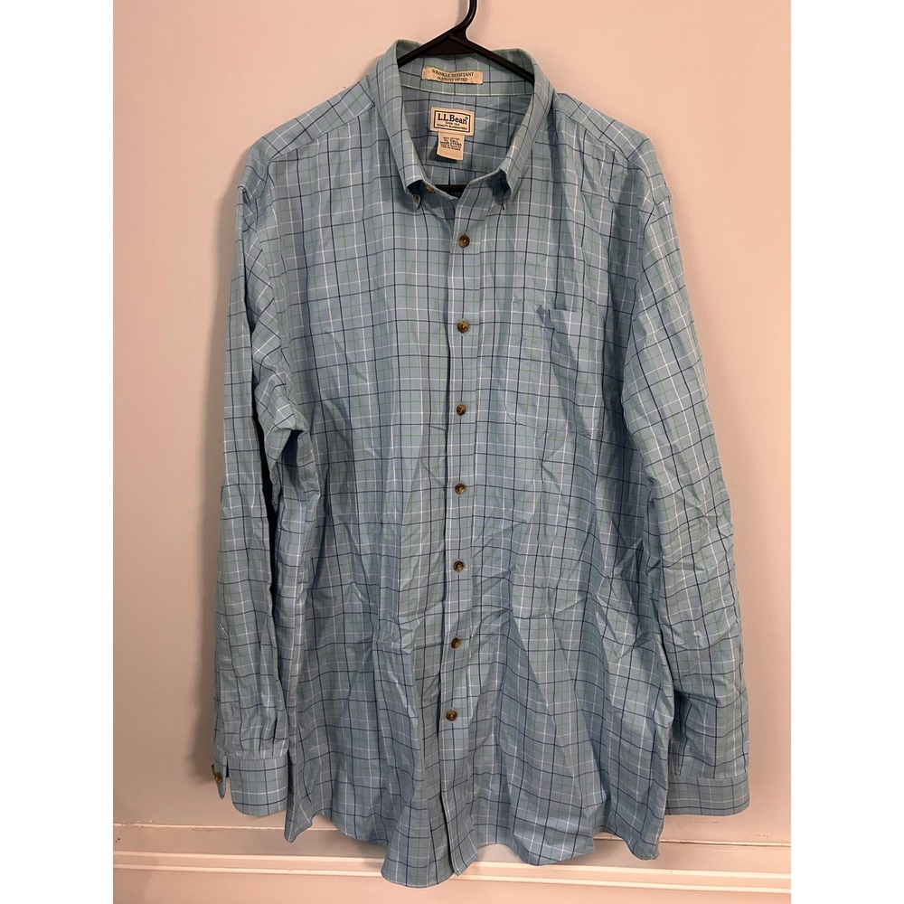 LL Bean Mens XL Tall Wrinkle Resistant Plaid Button Down Shirt Blue Green 275166